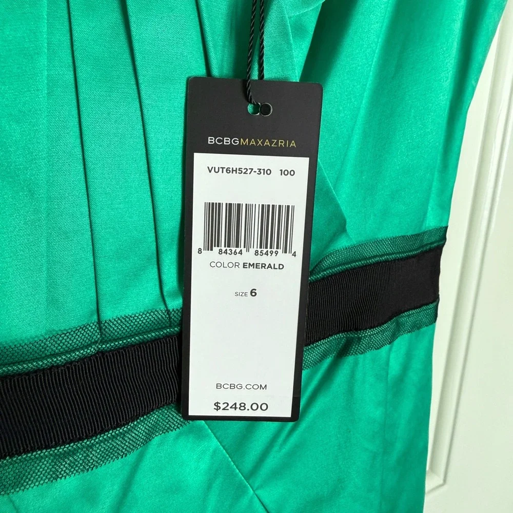NWT BCBG Max Azria 6 Emerald Green Mini Dress Pleats Black Ribbon Cocktail Party